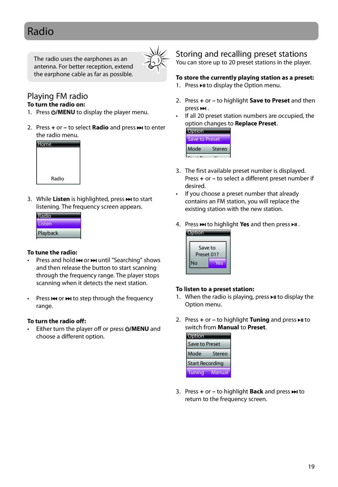 RCA SC2202, SC2204, S2204 user manual Radio, Playing FM radio, Storing and recalling preset stations 