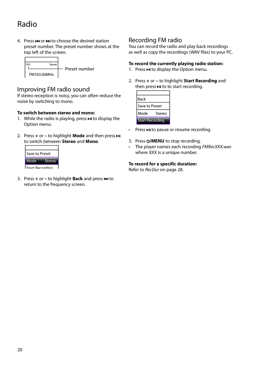 RCA S2204, SC2204, SC2202 user manual Improving FM radio sound, Recording FM radio, To switch between stereo and mono 