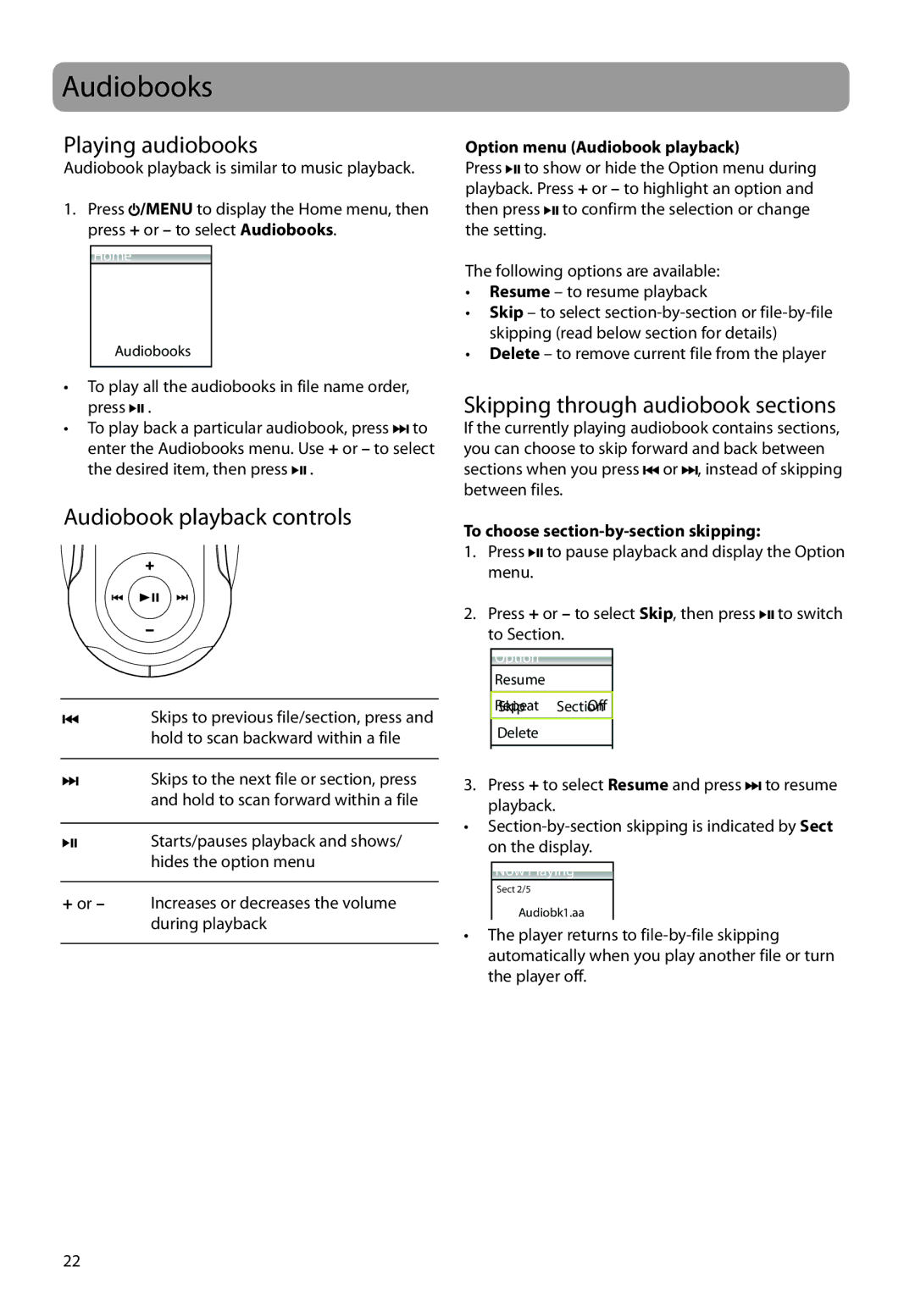 RCA SC2202, SC2204, S2204 Audiobooks, Playing audiobooks, Audiobook playback controls, Skipping through audiobook sections 