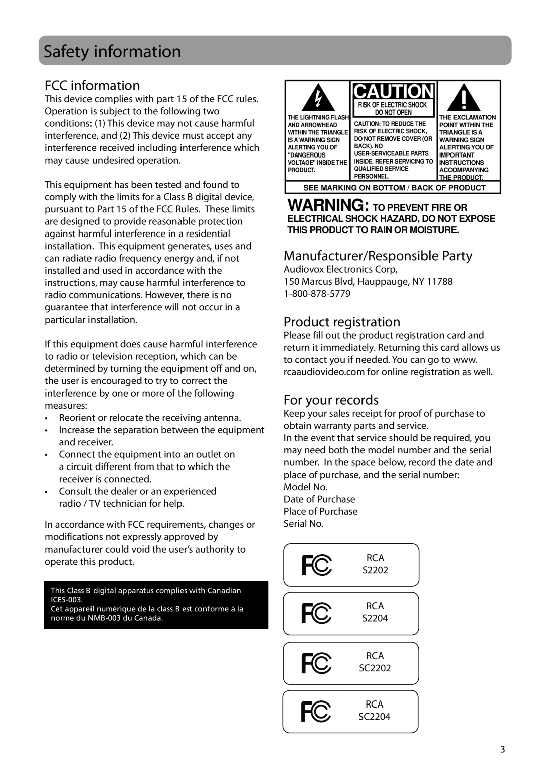 RCA SC2204 Safety information, FCC information, Manufacturer/Responsible Party, Product registration, For your records 