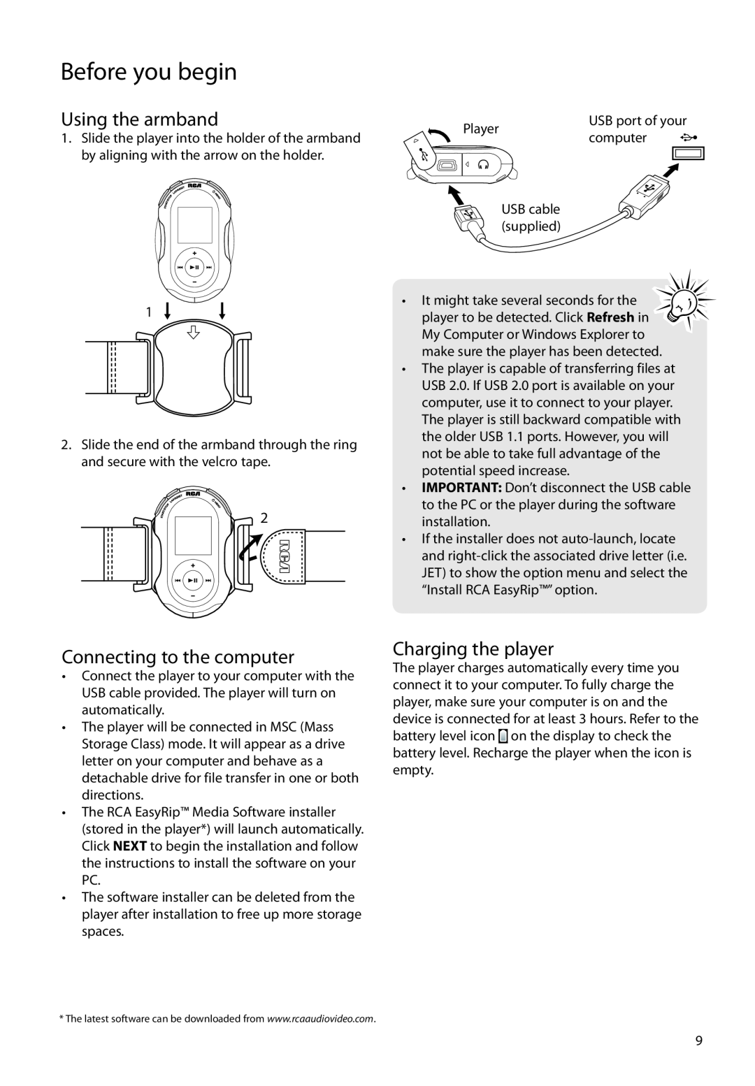 RCA SC2204, SC2202, S2204 user manual Using the armband, Connecting to the computer, Charging the player, Before you begin 