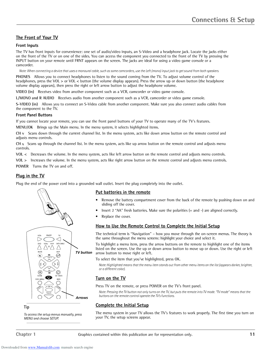 RCA scenium Front of Your TV, Plug in the TV, Put batteries in the remote, Turn on the TV, Complete the Initial Setup 