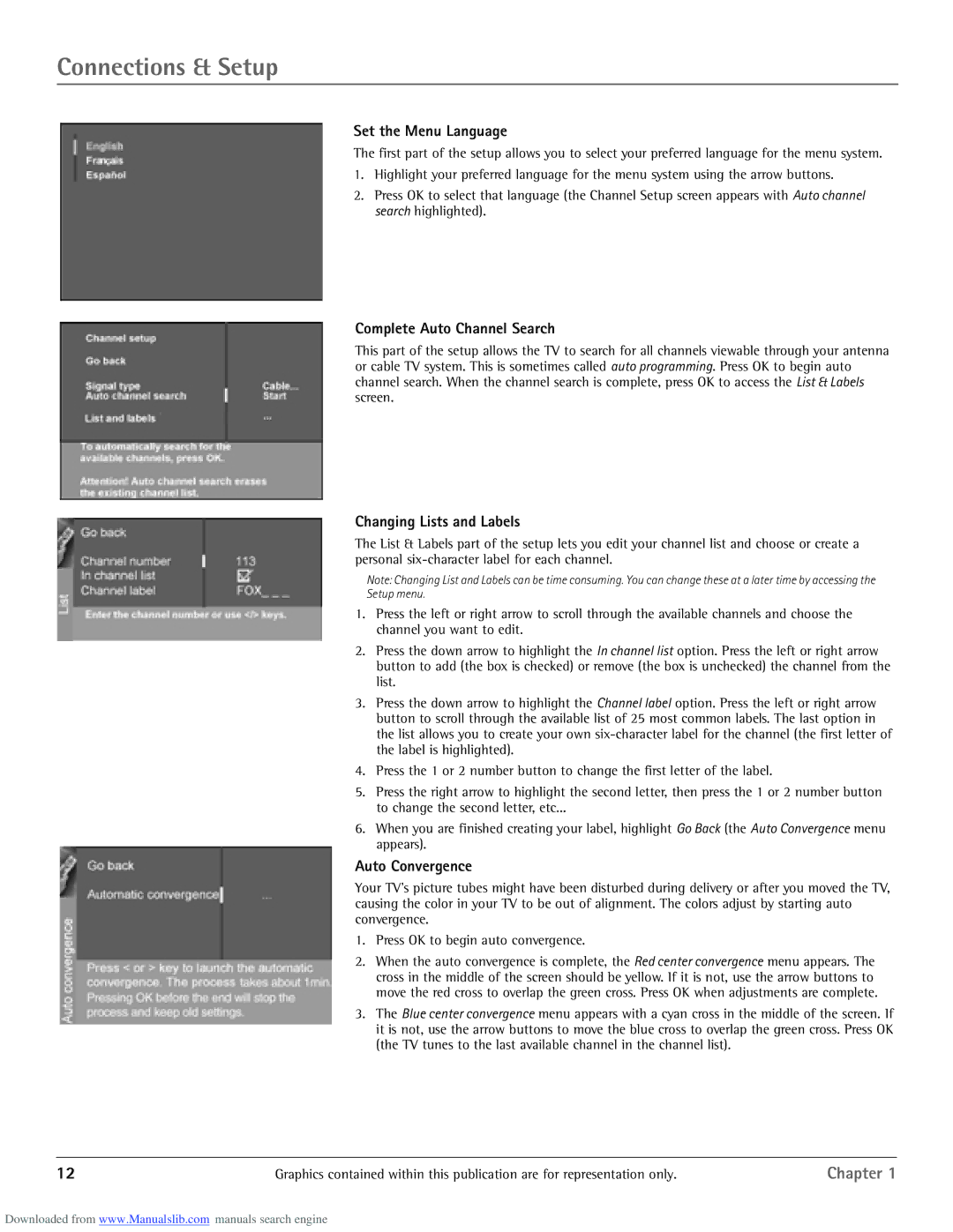 RCA scenium manual Set the Menu Language, Complete Auto Channel Search, Changing Lists and Labels, Auto Convergence 