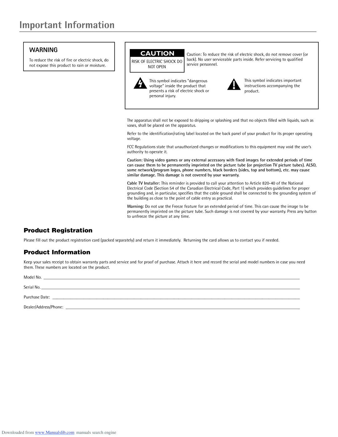 RCA scenium manual Important Information, Product Registration 