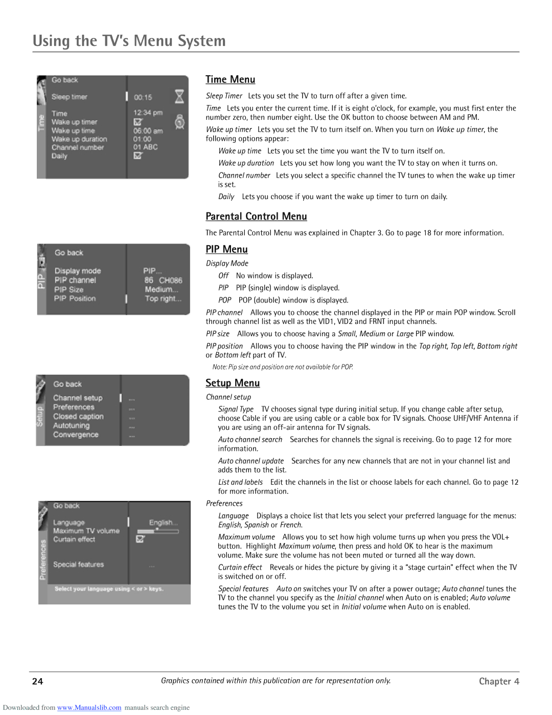 RCA scenium manual Time Menu, Parental Control Menu, PIP Menu, Setup Menu 