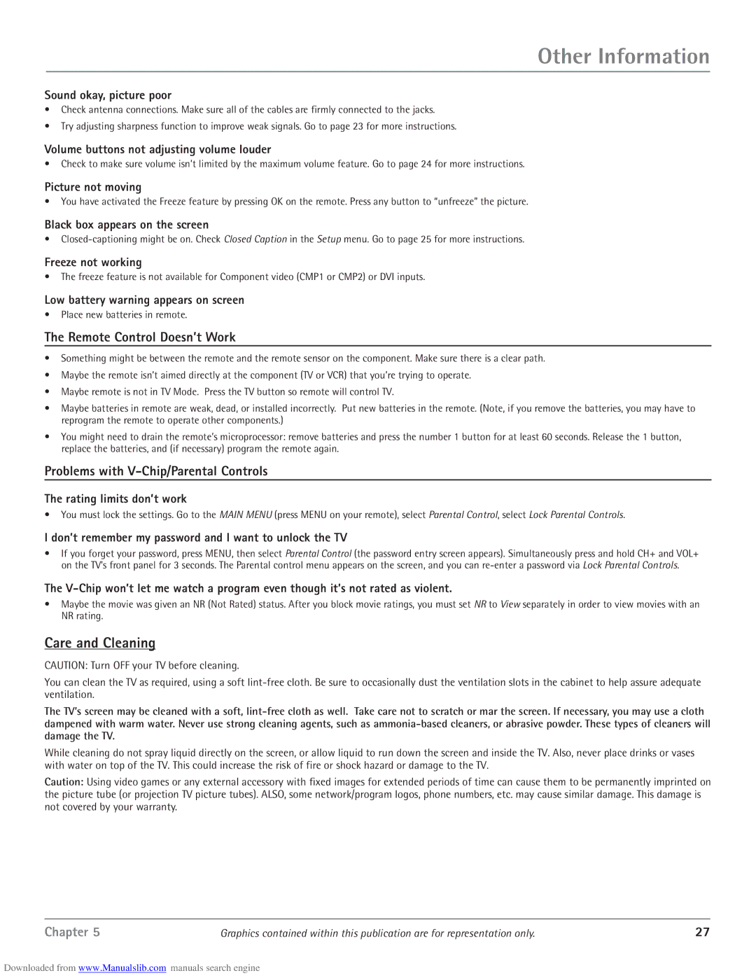 RCA scenium manual Care and Cleaning, Remote Control Doesn’t Work, Problems with V-Chip/Parental Controls 