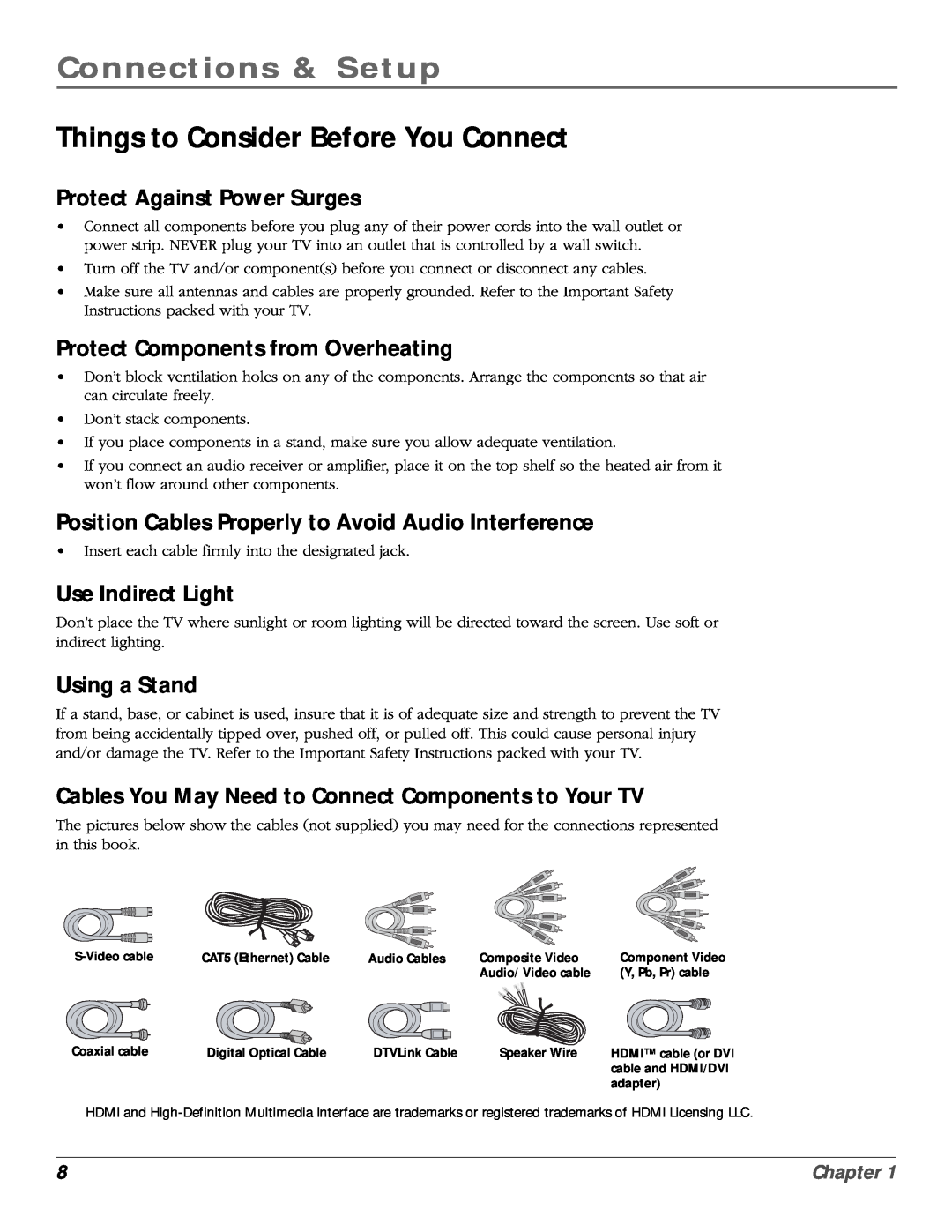 RCA scenium Connections & Setup, Things to Consider Before You Connect, Protect Against Power Surges, Use Indirect Light 