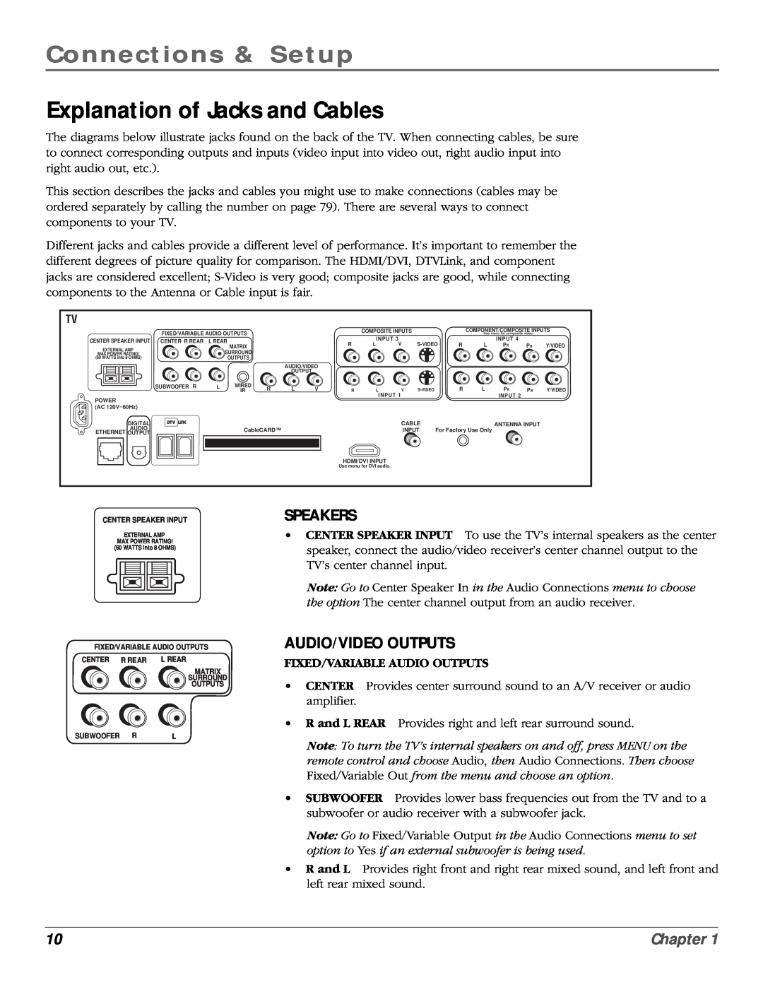 RCA scenium manual Explanation of Jacks and Cables, Speakers, Audio/Video Outputs, Fixed/Variable Audio Outputs, Chapter 