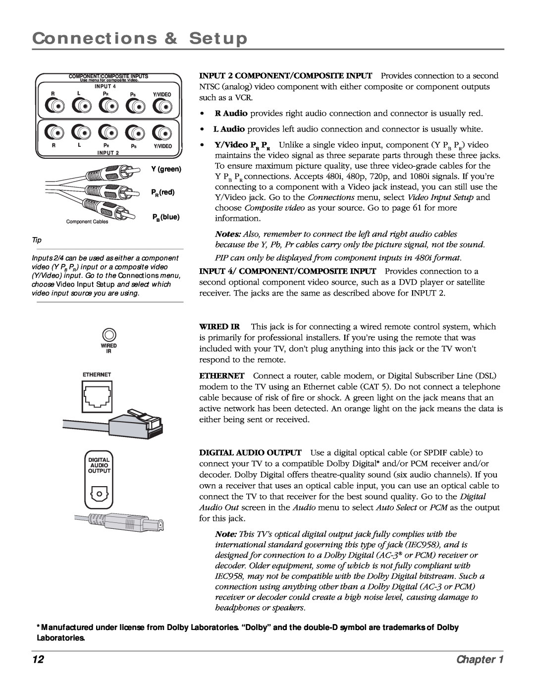 RCA scenium manual Connections & Setup, Chapter, PIP can only be displayed from component inputs in 480i format 