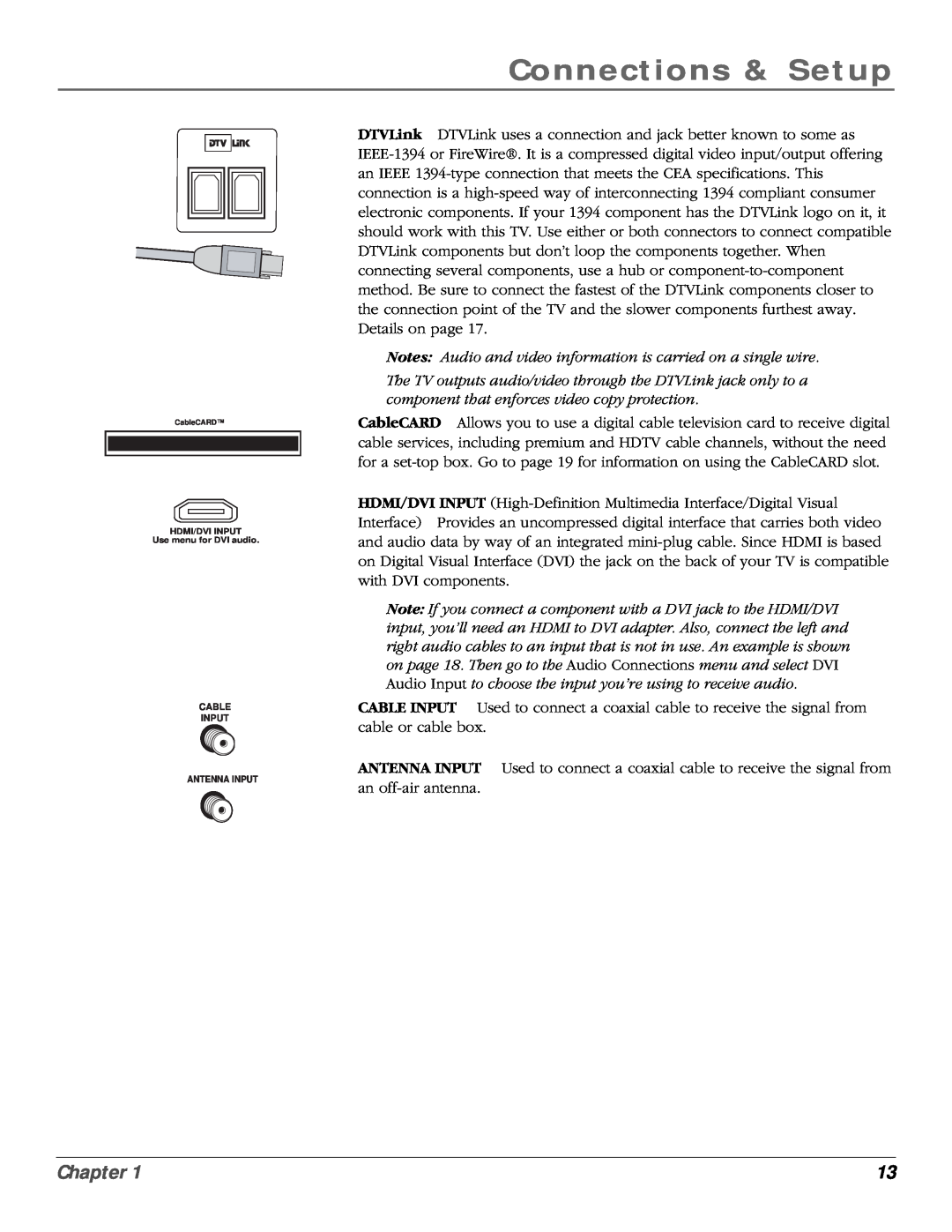 RCA scenium manual Connections & Setup, Chapter, Notes Audio and video information is carried on a single wire 