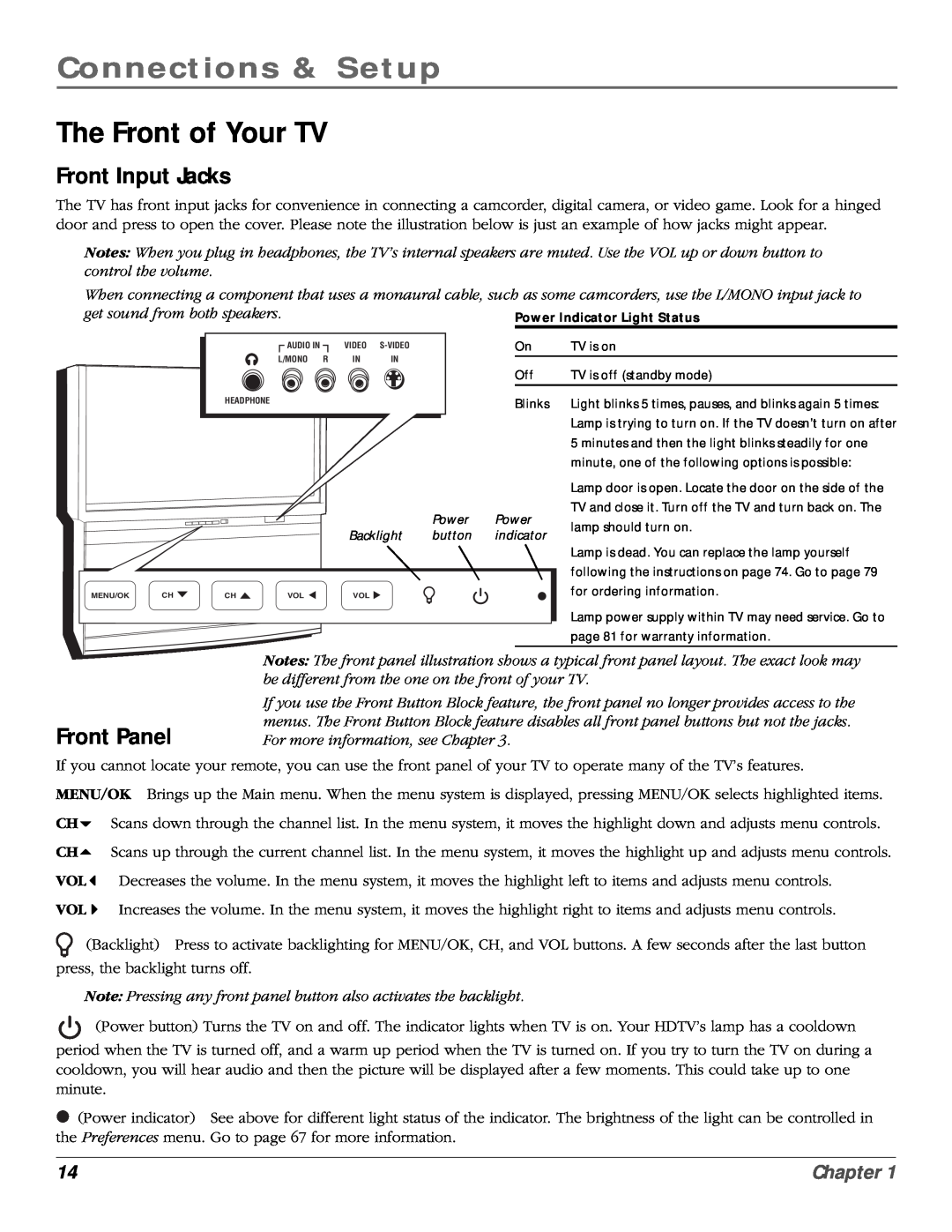 RCA scenium manual The Front of Your TV, Front Input Jacks, Front Panel, Connections & Setup, Chapter 