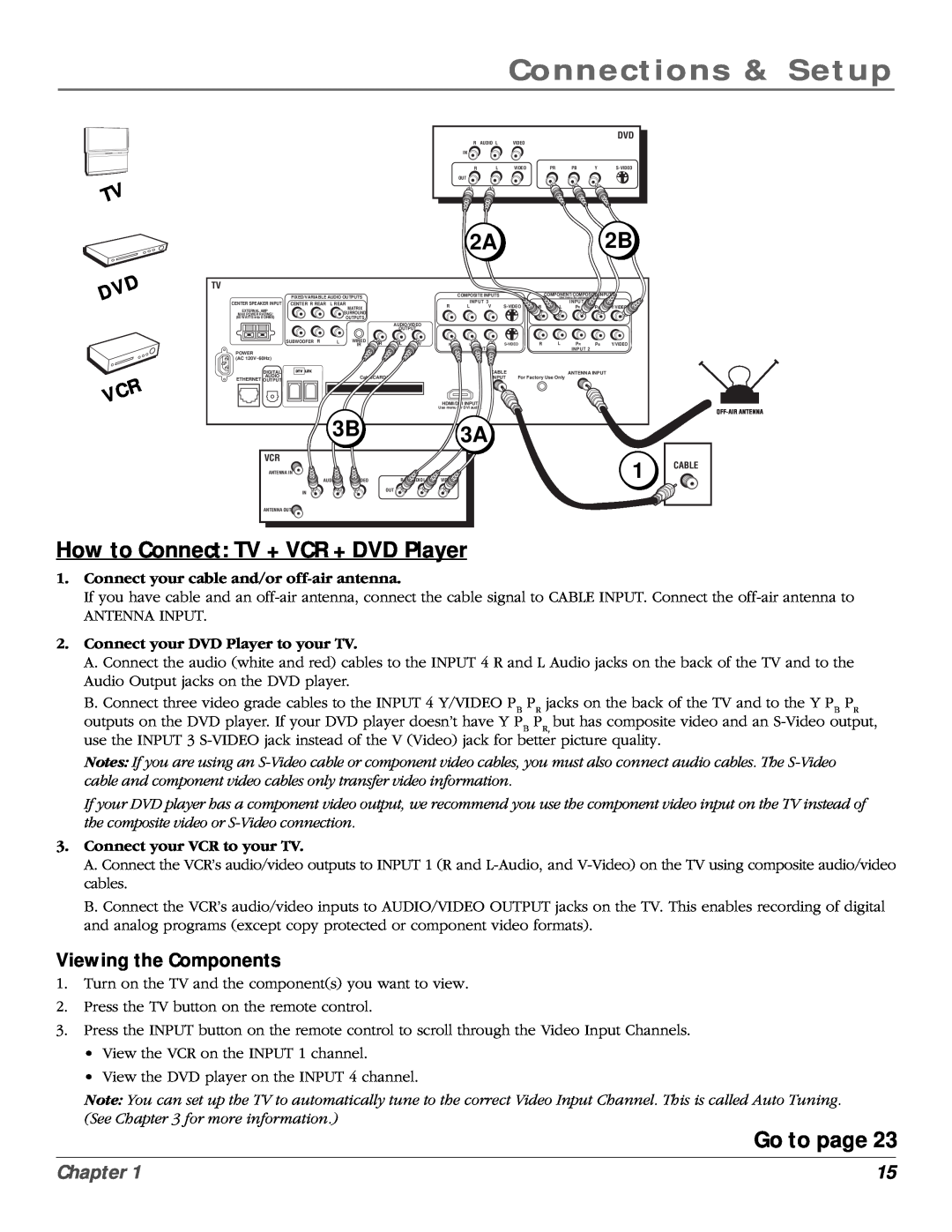 RCA scenium 2A 2B, How to Connect TV + VCR + DVD Player, Go to page, Viewing the Components, Dvd Vcr, Connections & Setup 