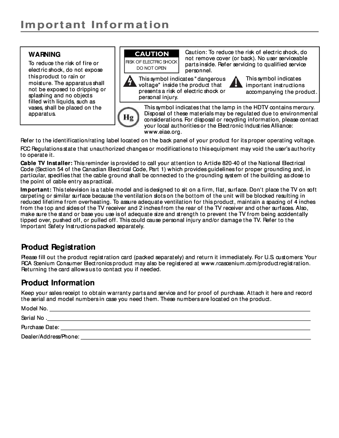 RCA scenium manual Important Information, Product Registration, Product Information 