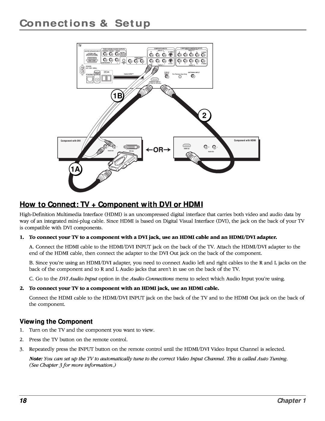RCA scenium manual How to Connect TV + Component with DVI or HDMI, Viewing the Component, Connections & Setup, Chapter 