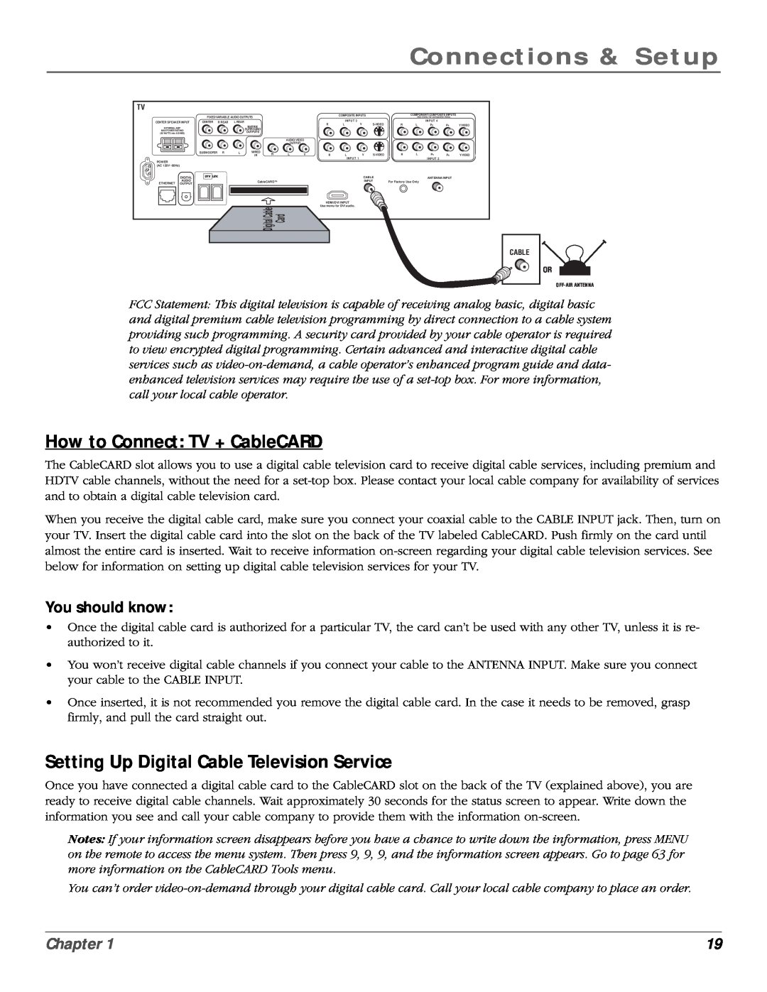 RCA scenium manual How to Connect TV + CableCARD, Setting Up Digital Cable Television Service, Connections & Setup, Chapter 