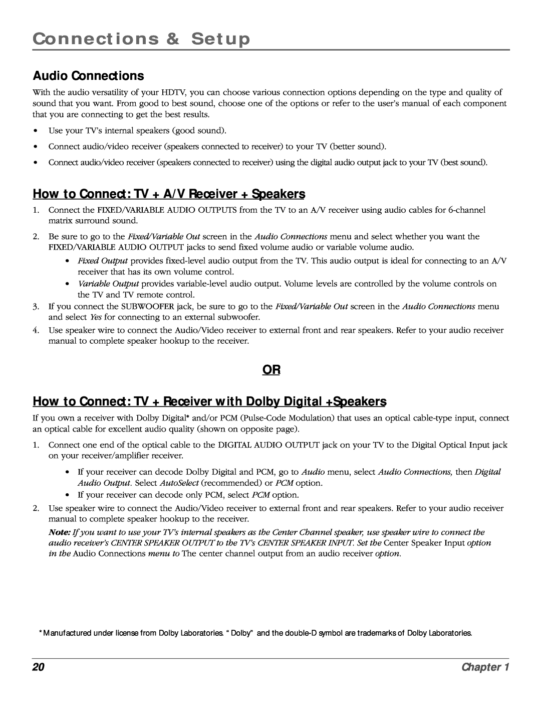 RCA scenium manual Audio Connections, How to Connect TV + A/V Receiver + Speakers, Connections & Setup, Chapter 