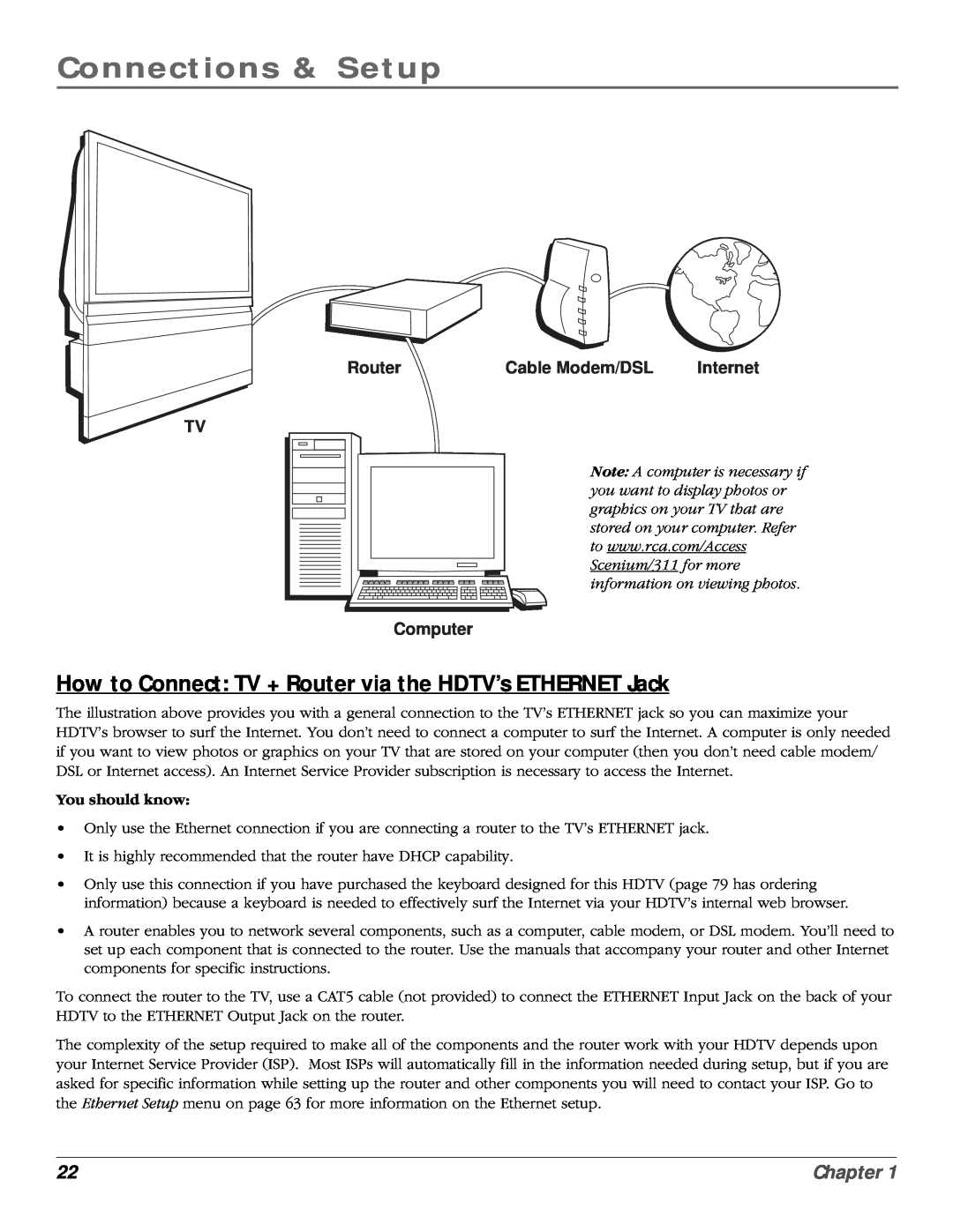 RCA scenium manual How to Connect TV + Router via the HDTV’s ETHERNET Jack, You should know, Connections & Setup, Chapter 