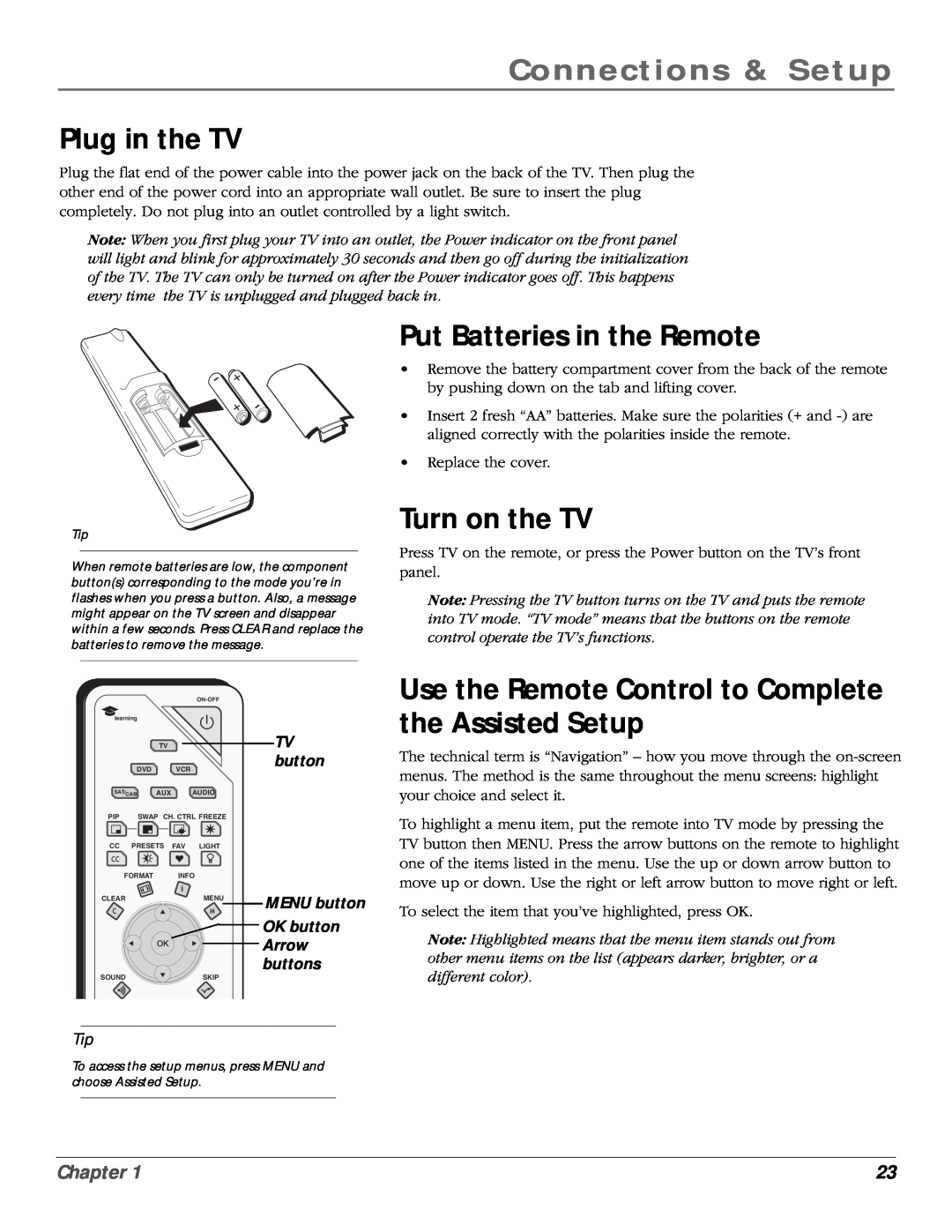 RCA scenium Plug in the TV, Put Batteries in the Remote, Turn on the TV, MENU button, OK button Arrow buttons, Chapter 