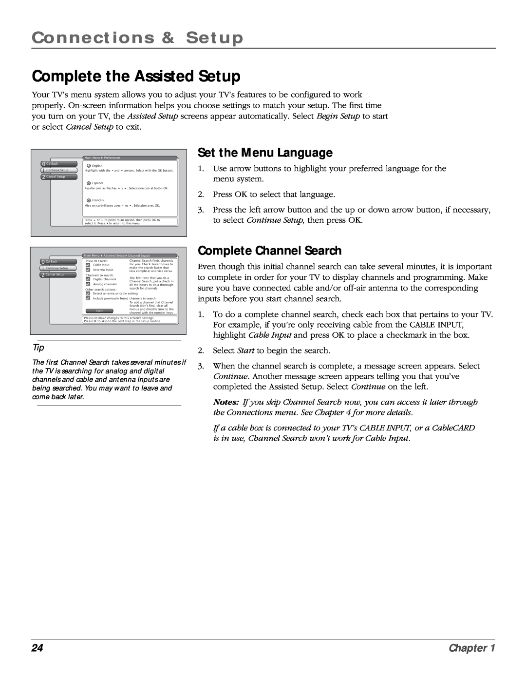 RCA scenium Complete the Assisted Setup, Set the Menu Language, Complete Channel Search, Connections & Setup, Chapter 