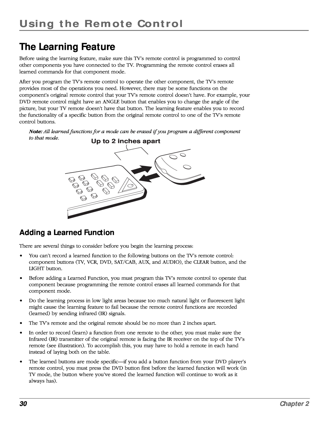 RCA scenium manual The Learning Feature, Adding a Learned Function, Using the Remote Control, Chapter 