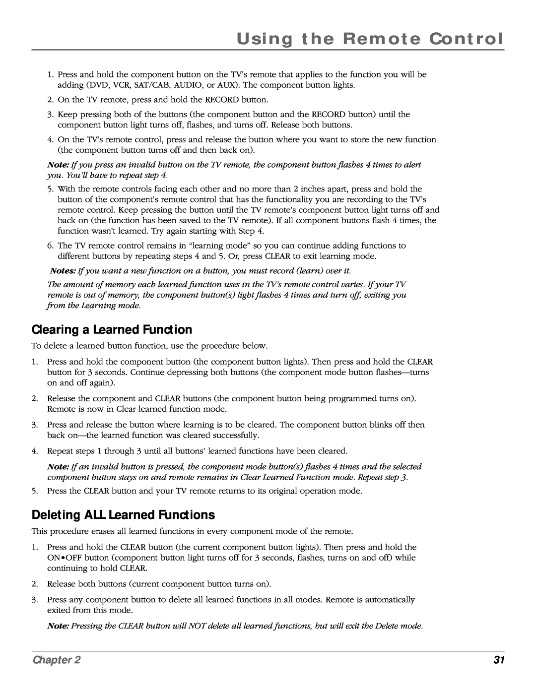 RCA scenium manual Clearing a Learned Function, Deleting ALL Learned Functions, Using the Remote Control, Chapter 