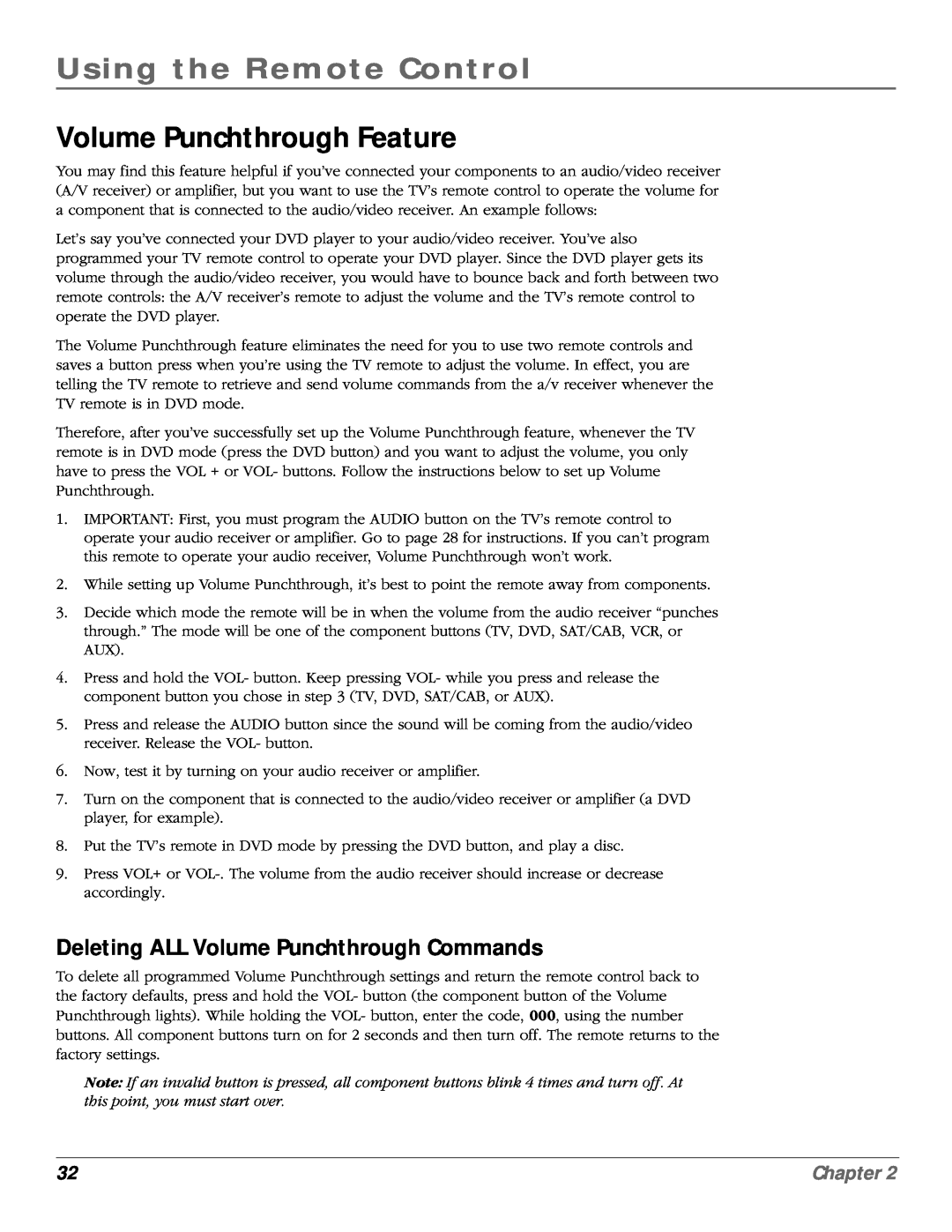 RCA scenium Volume Punchthrough Feature, Deleting ALL Volume Punchthrough Commands, Using the Remote Control, Chapter 