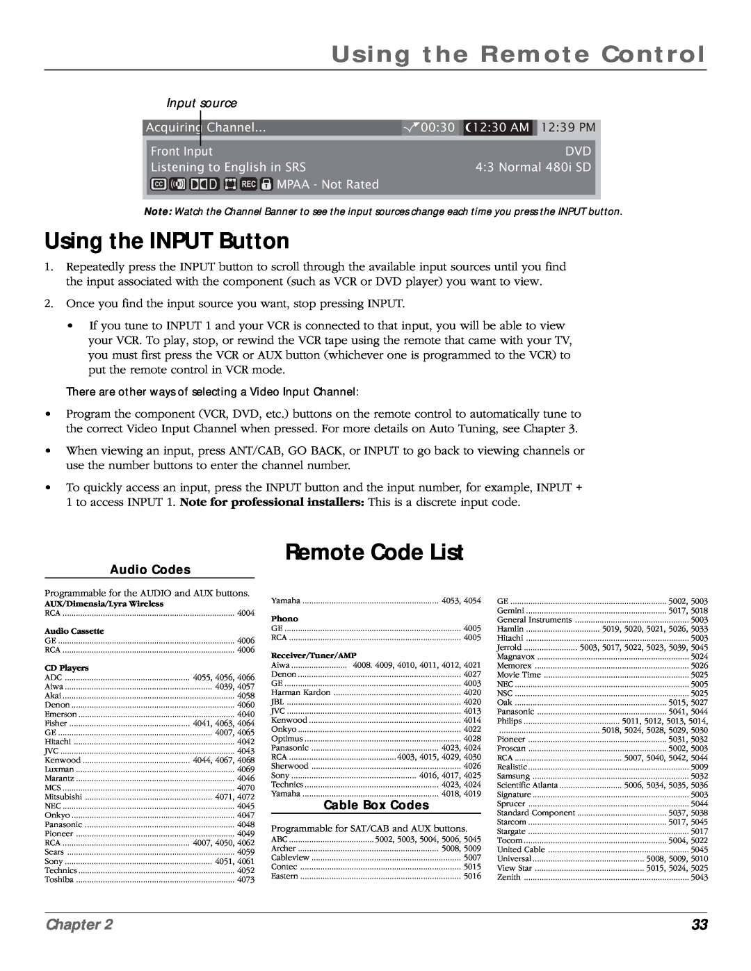 RCA scenium Using the INPUT Button, Remote Code List, Input source, Using the Remote Control, Chapter, Acquiring, Channel 