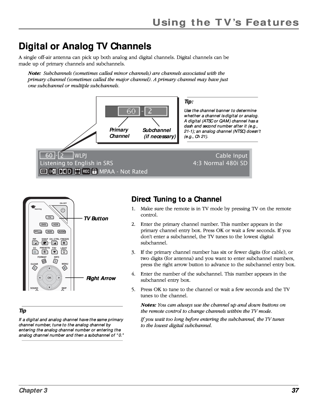 RCA scenium manual Digital or Analog TV Channels, Direct Tuning to a Channel, Primary, Subchannel, if necessary, TV Button 