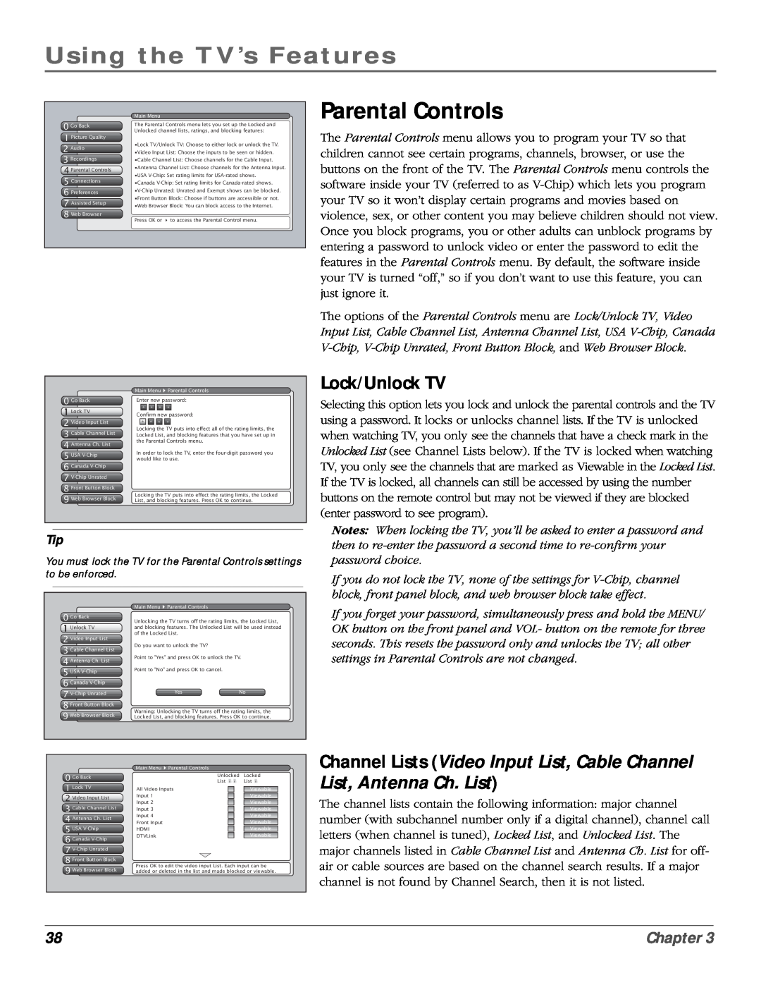 RCA scenium manual Parental Controls, Lock/Unlock TV, Channel Lists Video Input List, Cable Channel List, Antenna Ch. List 