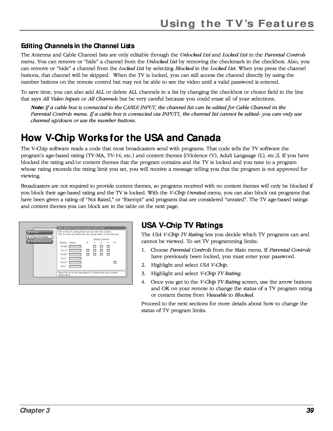 RCA scenium How V-Chip Works for the USA and Canada, USA V-Chip TV Ratings, Editing Channels in the Channel Lists, Chapter 