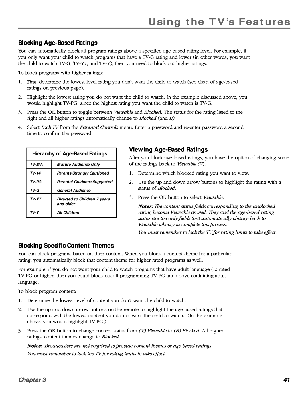 RCA scenium manual Blocking Age-Based Ratings, Viewing Age-Based Ratings, Blocking Specific Content Themes, Chapter 