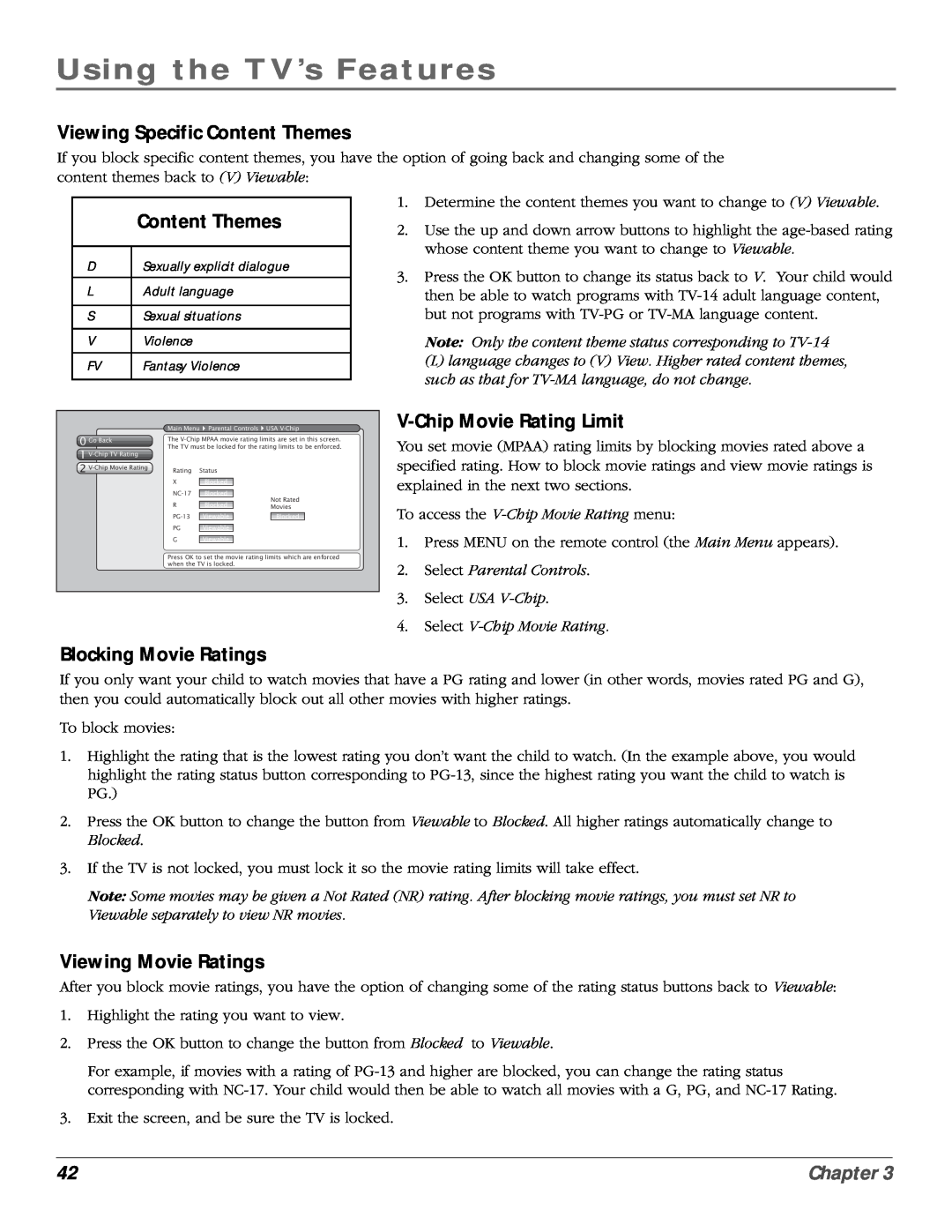 RCA scenium Viewing Specific Content Themes, V-Chip Movie Rating Limit, Blocking Movie Ratings, Viewing Movie Ratings 