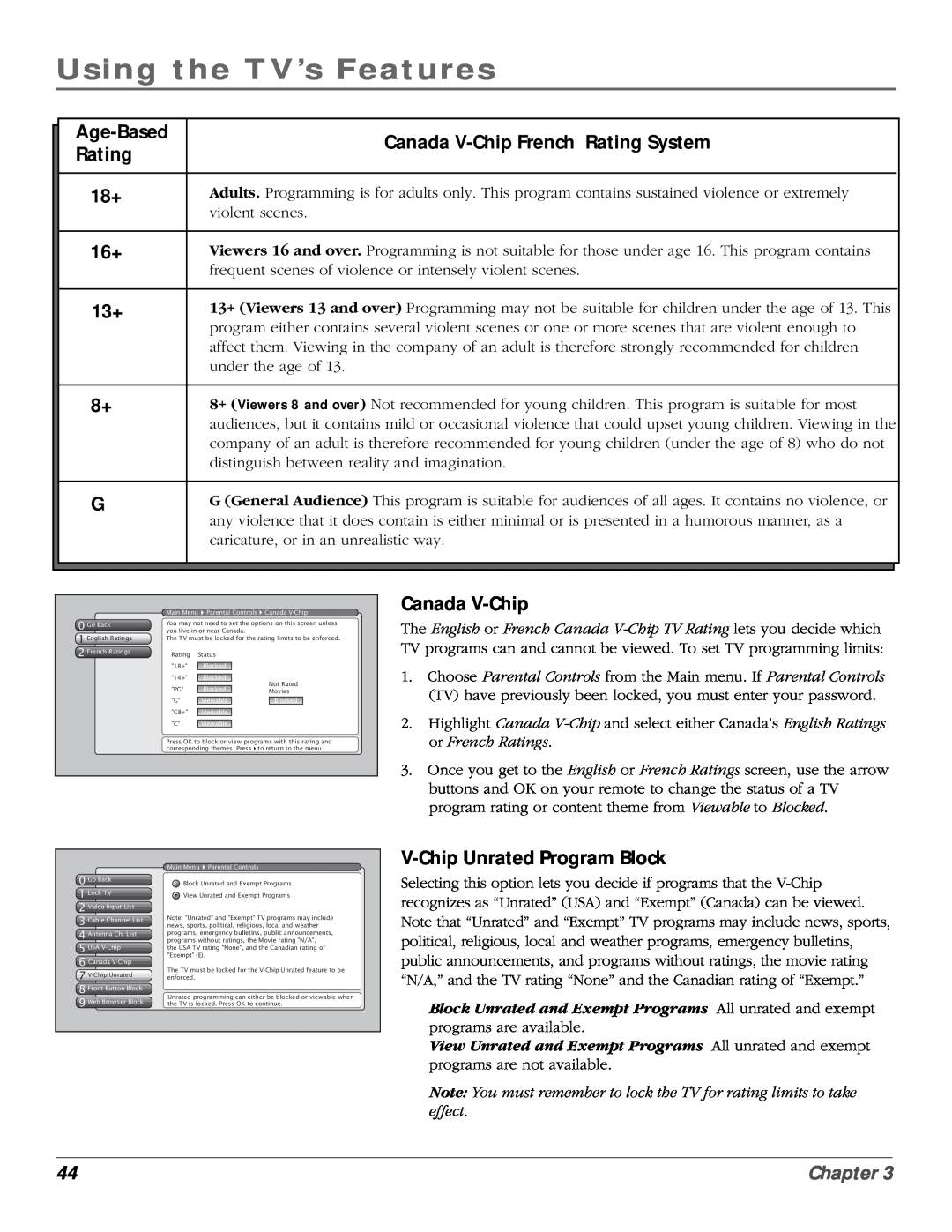 RCA scenium Canada V-Chip French Rating System, V-Chip Unrated Program Block, Using the TV’s Features, Age-Based, Chapter 