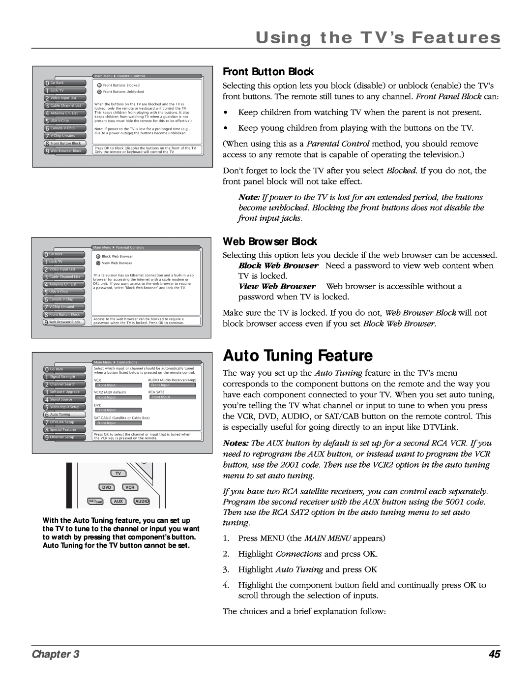 RCA scenium manual Auto Tuning Feature, Front Button Block, Web Browser Block, Using the TV’s Features, Chapter 