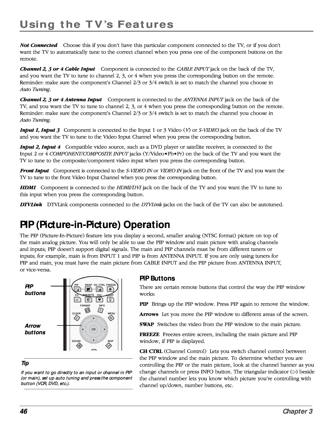 RCA scenium manual PIP Picture-in-Picture Operation, PIP Buttons, buttons, Arrow, Using the TV’s Features, Chapter 
