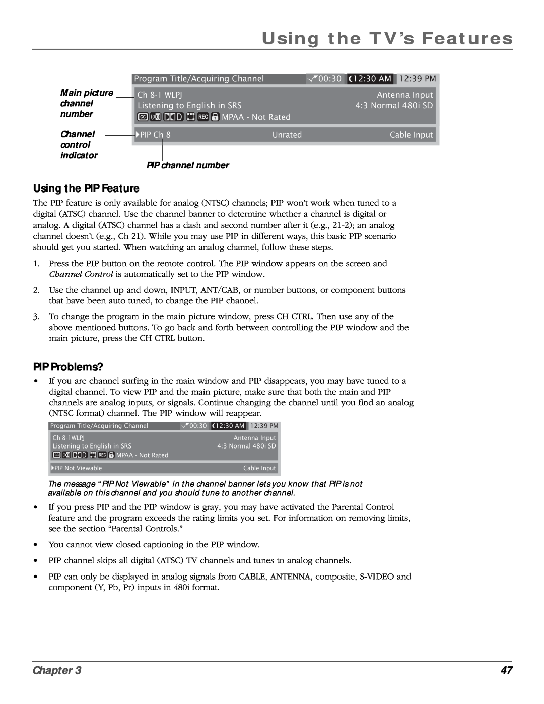 RCA scenium manual Using the PIP Feature, PIP Problems?, PIP channel number, Using the TV’s Features, Chapter, Main picture 