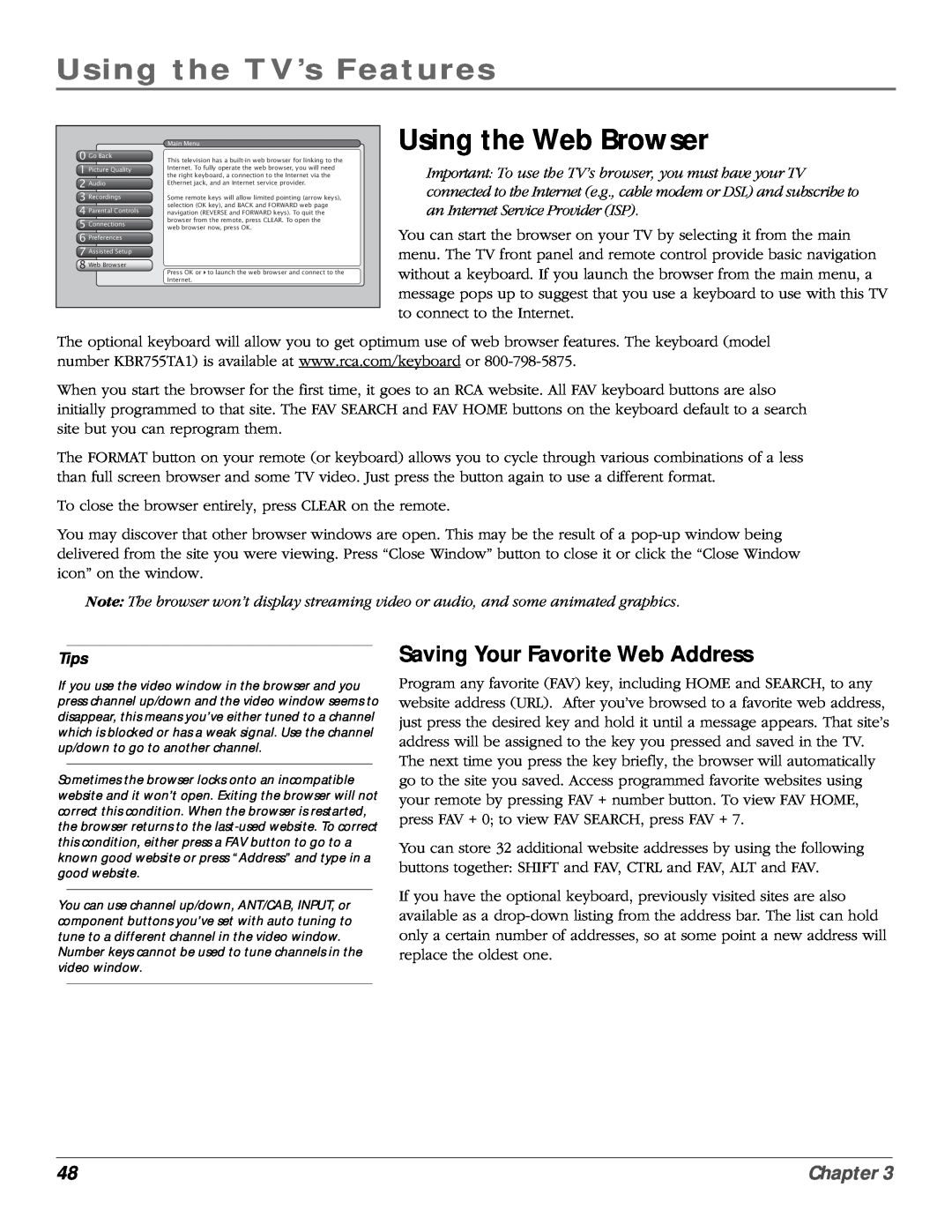 RCA scenium manual Using the Web Browser, Saving Your Favorite Web Address, Tips, Using the TV’s Features, Chapter 