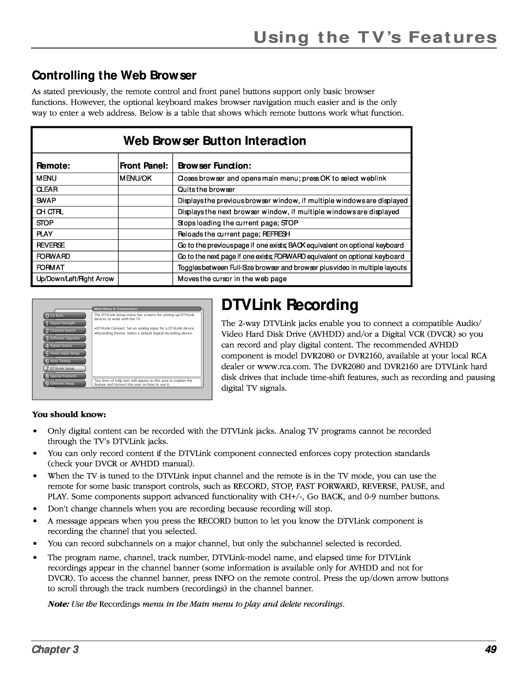 RCA scenium manual DTVLink Recording, Controlling the Web Browser, Web Browser Button Interaction, Using the TV’s Features 