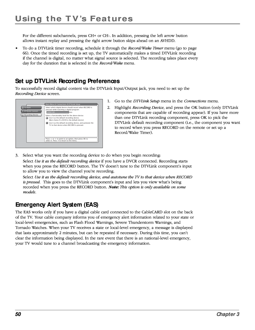 RCA scenium manual Set up DTVLink Recording Preferences, Emergency Alert System EAS, Using the TV’s Features, Chapter 