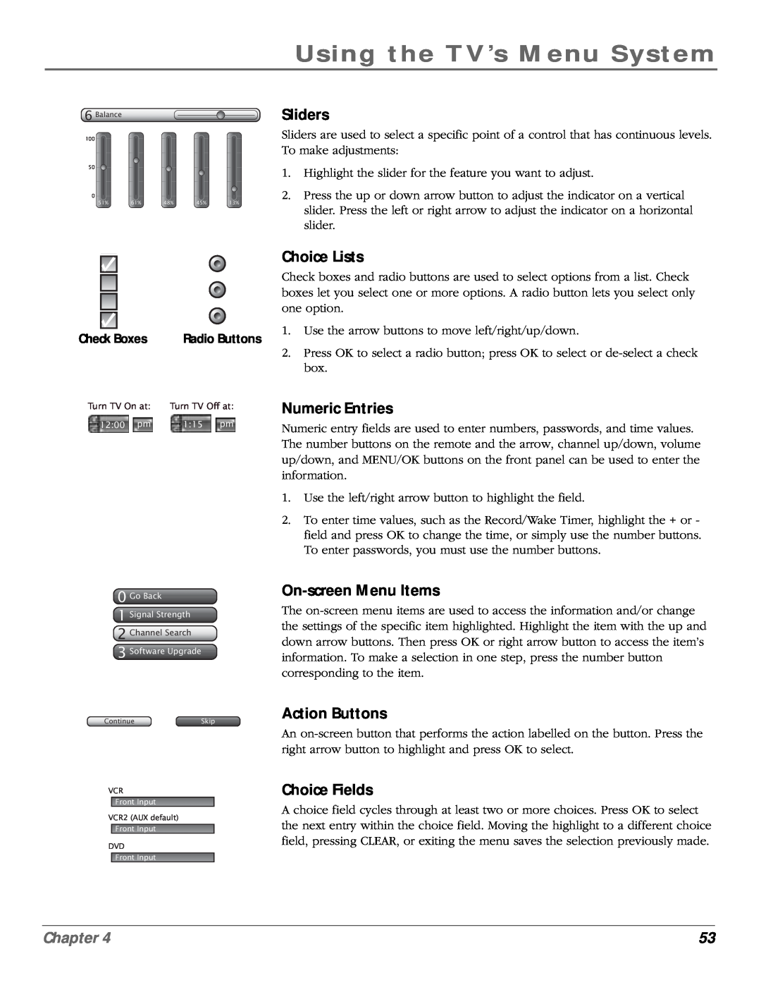 RCA scenium manual Sliders, Choice Lists, Numeric Entries, On-screen Menu Items, Action Buttons, Choice Fields, Chapter 