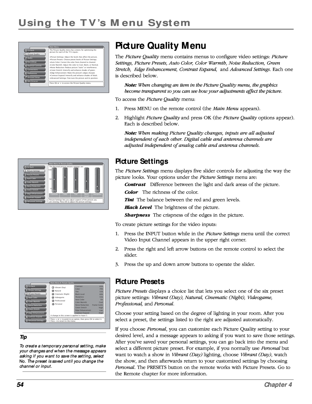 RCA scenium manual Picture Quality Menu, Picture Settings, Picture Presets, Using the TV’s Menu System, Chapter 