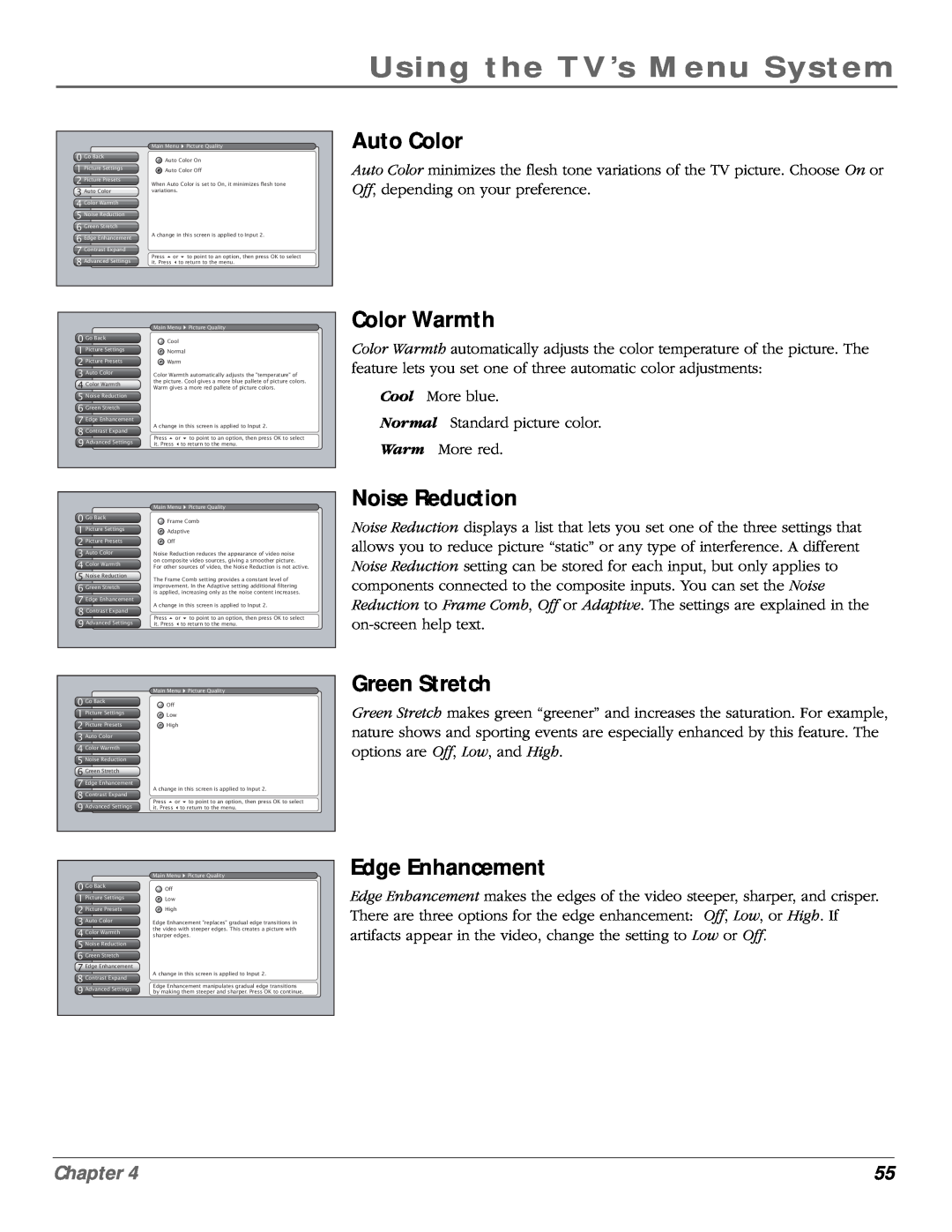 RCA scenium manual Auto Color, Color Warmth, Noise Reduction, Green Stretch, Edge Enhancement, Using the TV’s Menu System 