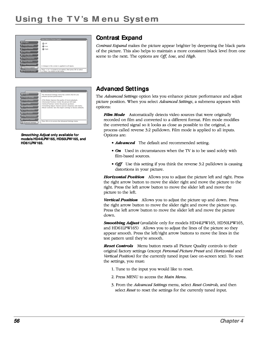 RCA scenium manual Contrast Expand, Advanced Settings, Using the TV’s Menu System, Chapter 