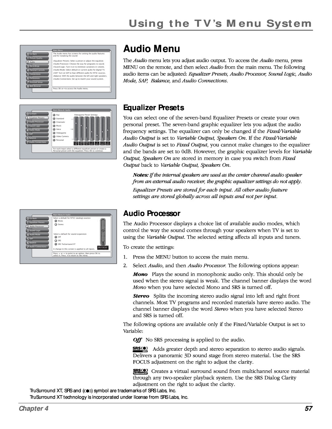 RCA scenium manual Audio Menu, Equalizer Presets, Audio Processor, Using the TV’s Menu System, Chapter 