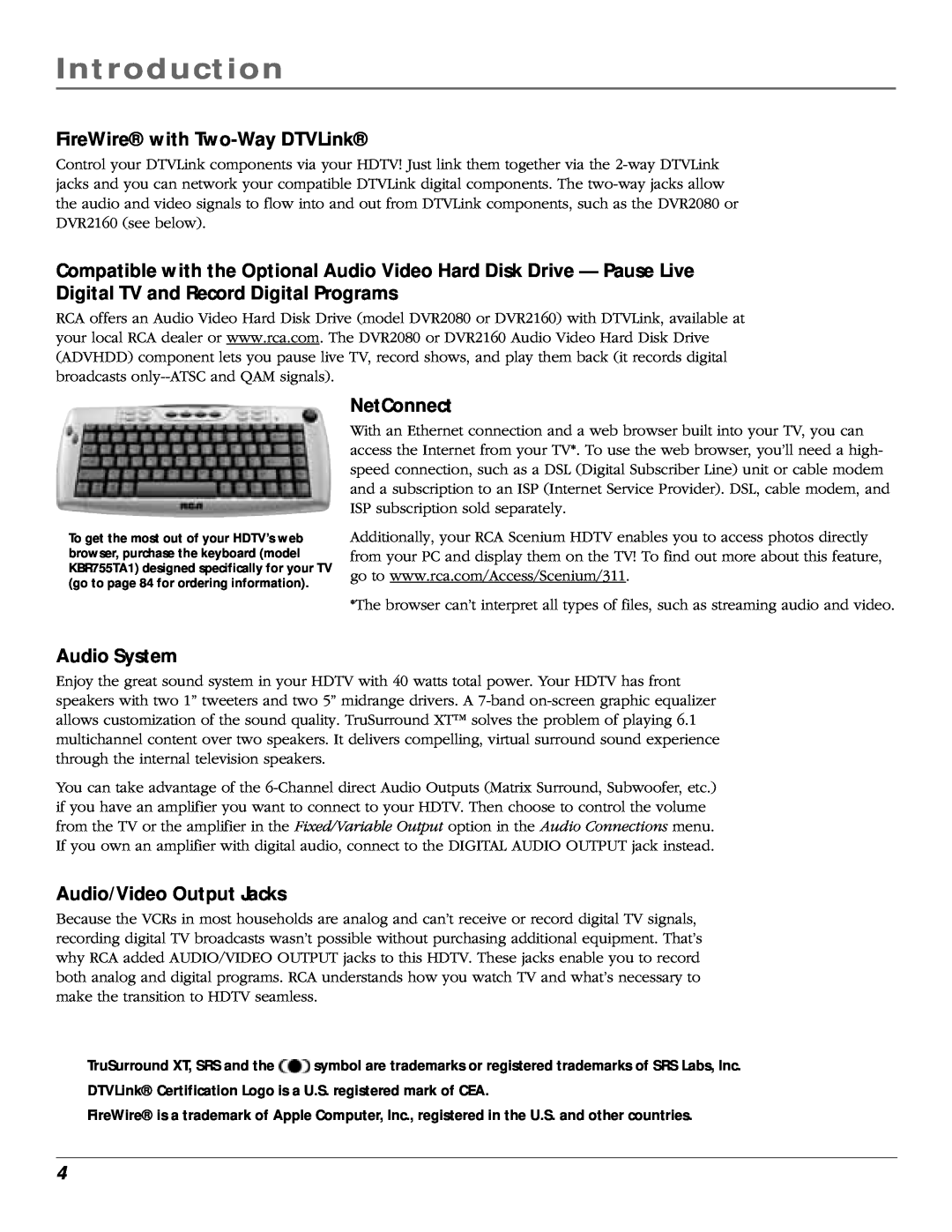 RCA scenium manual FireWire with Two-Way DTVLink, NetConnect, Audio System, Audio/Video Output Jacks, Introduction 