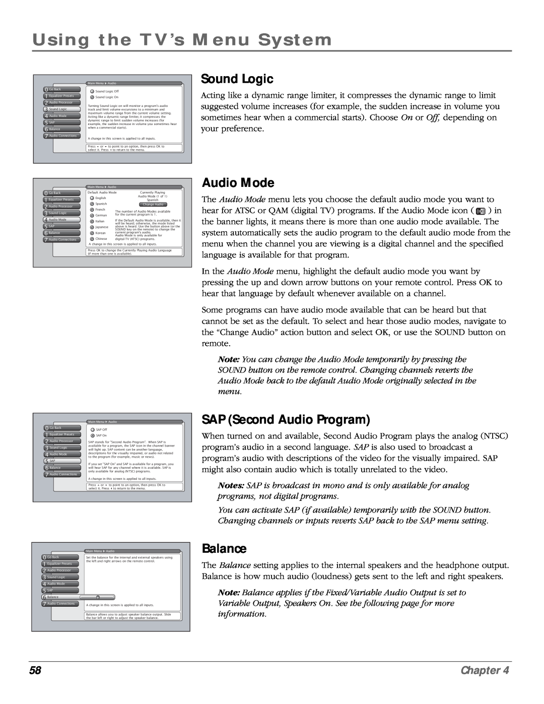 RCA scenium manual Sound Logic, Audio Mode, SAP Second Audio Program, Balance, Using the TV’s Menu System, Chapter 