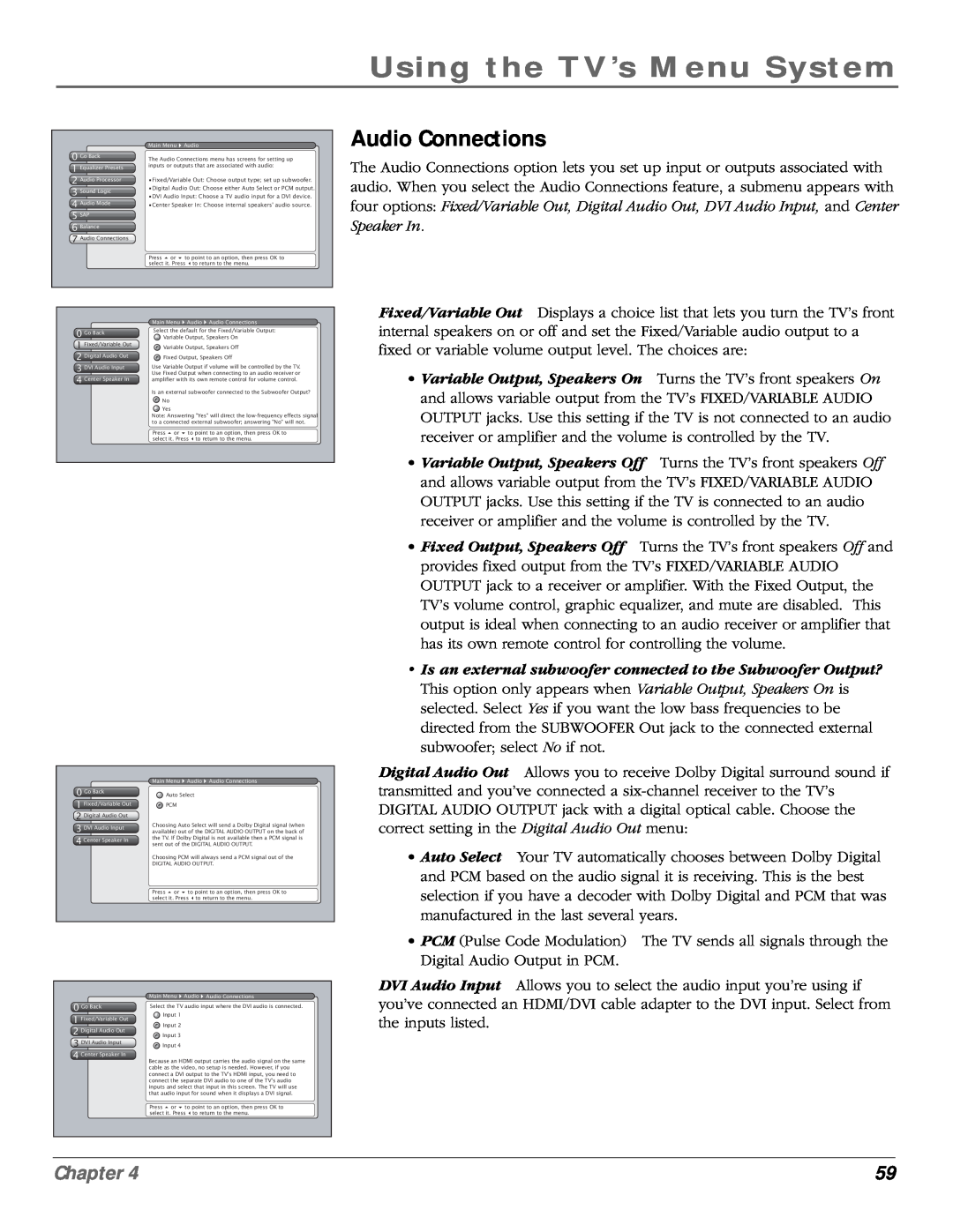 RCA scenium manual Using the TV’s Menu System, Audio Connections, Chapter, Audio Mode 5 SAP 6 Balance, Main Menu Audio 