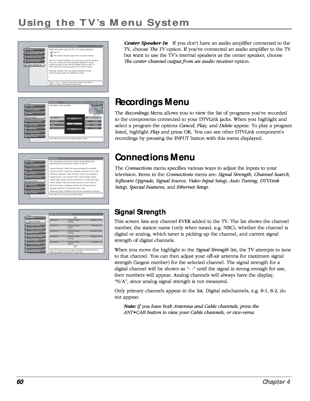 RCA scenium manual Recordings Menu, Connections Menu, Signal Strength, Using the TV’s Menu System, Chapter 