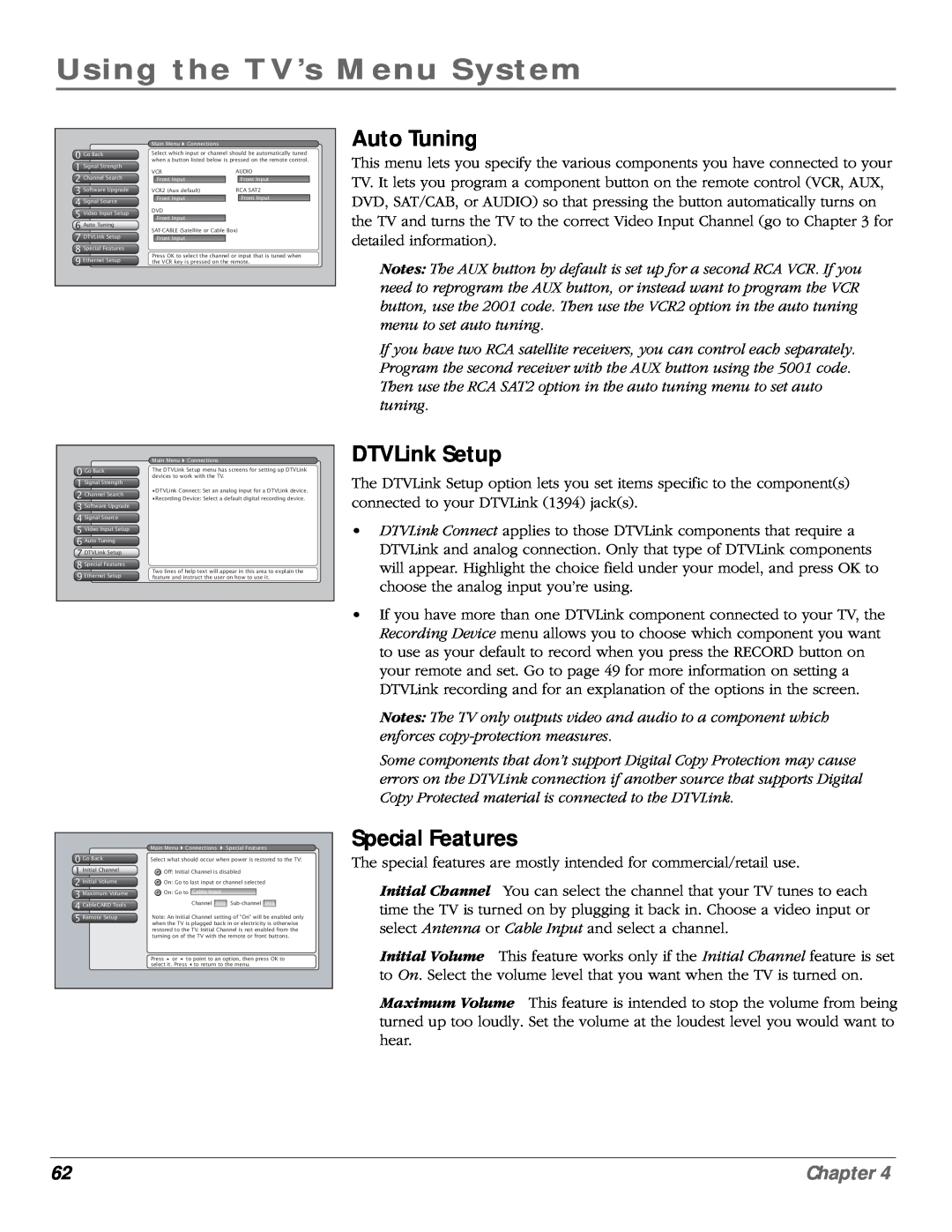 RCA scenium manual Auto Tuning, DTVLink Setup, Special Features, Using the TV’s Menu System, Chapter 