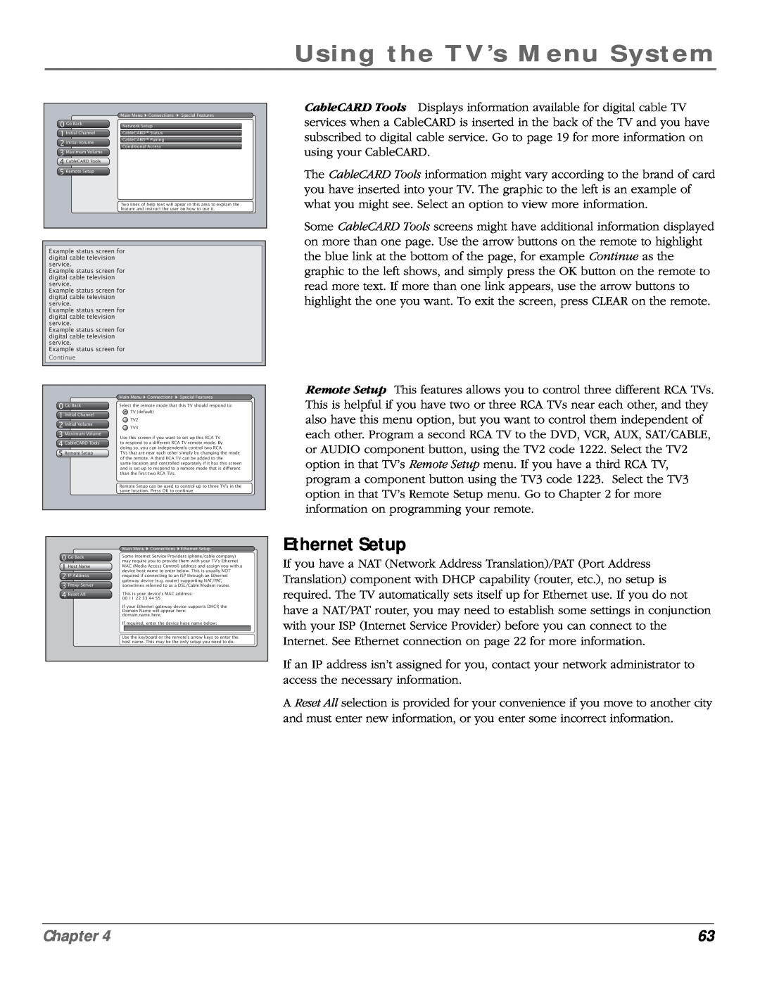 RCA scenium Ethernet Setup, Using the TV’s Menu System, Chapter, CableCARD Tools, TextInitialhereChannel, Remote Setup 